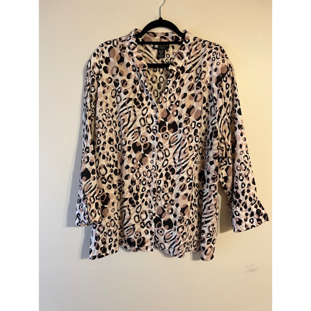 Carole Little Woman 3X‎ Linen Animal Print Button Down Shirt Blouse